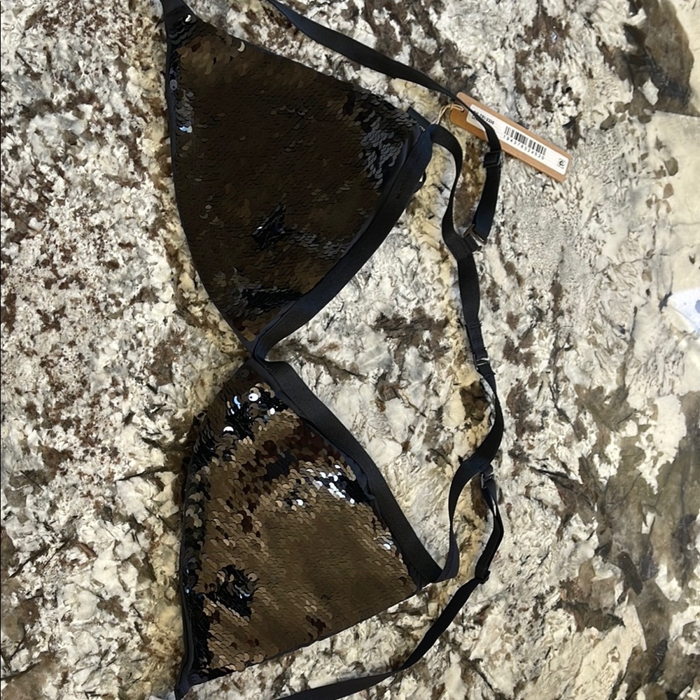 Black Sequin Triangle Bikini Top